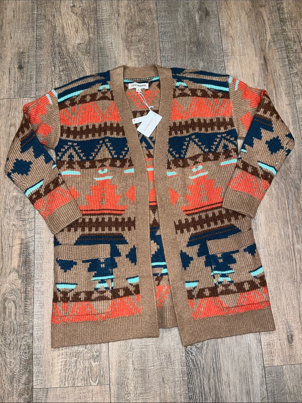 Lucky Brand Aztec Southwestern Fair Isle Open Knit Shawl Cardigan Sweater